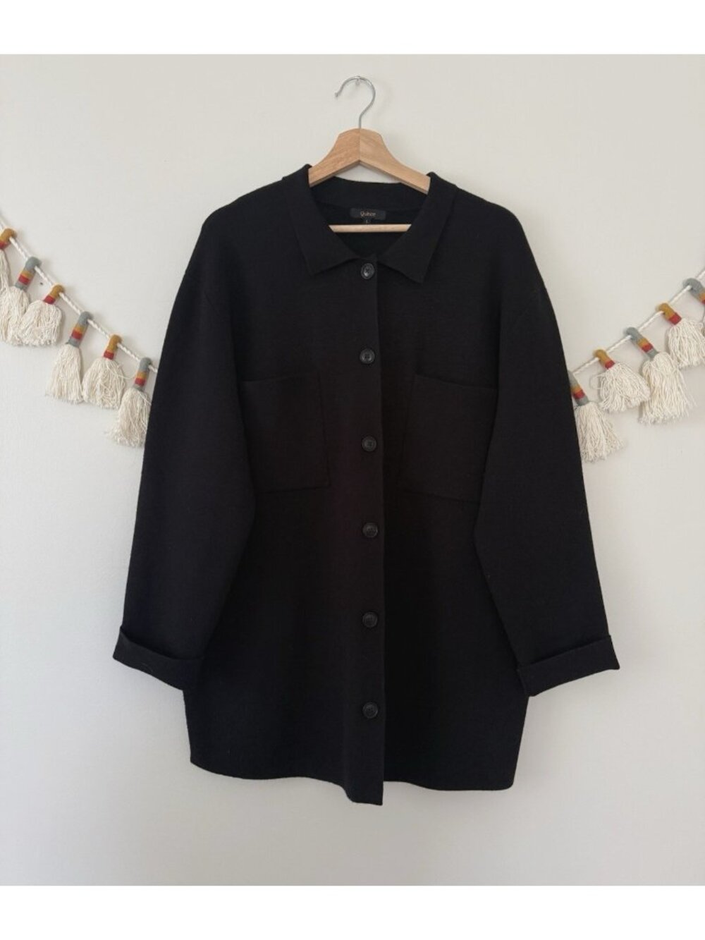 Quince Eco Knit Milano Stitch Oversized Shirt Jacket Black Minimalist Layering L